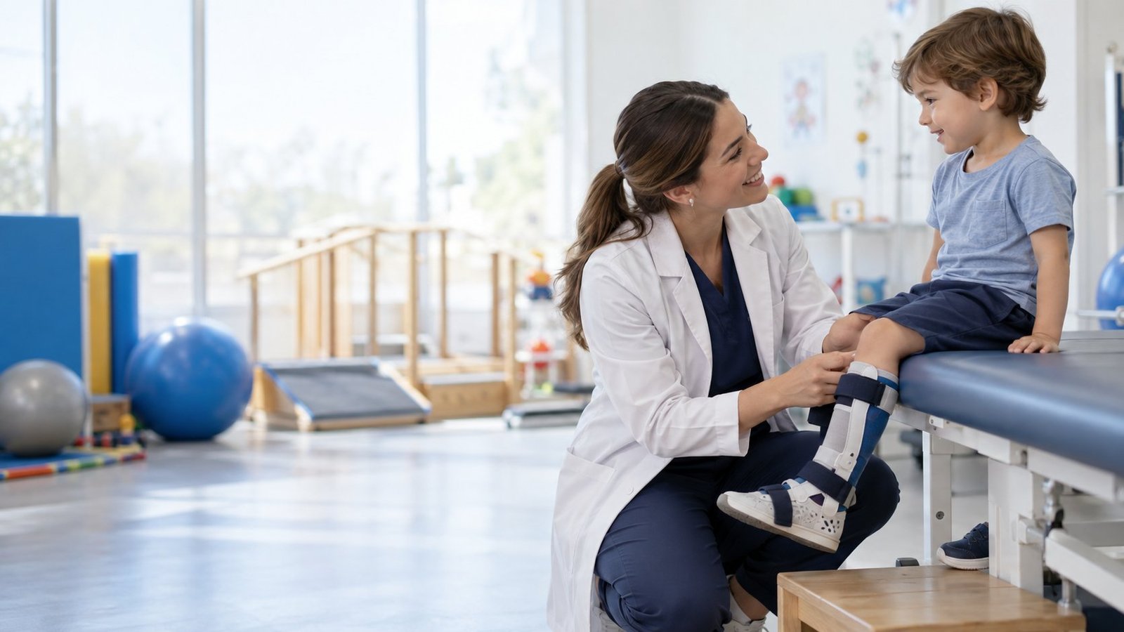 Niño sonriente en una sala de rehabilitación mientras una profesional de la salud le coloca una férula ortopédica en la pierna