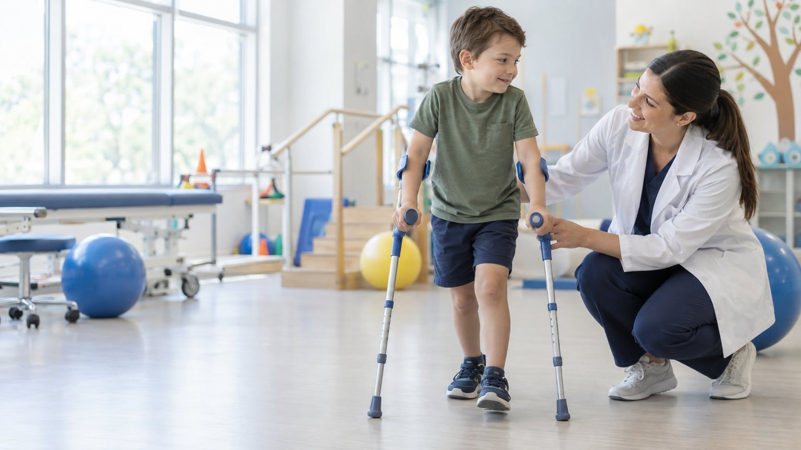 Profesional de la salud acompañando a un niño que camina con muletas canadienses en una sala de rehabilitación